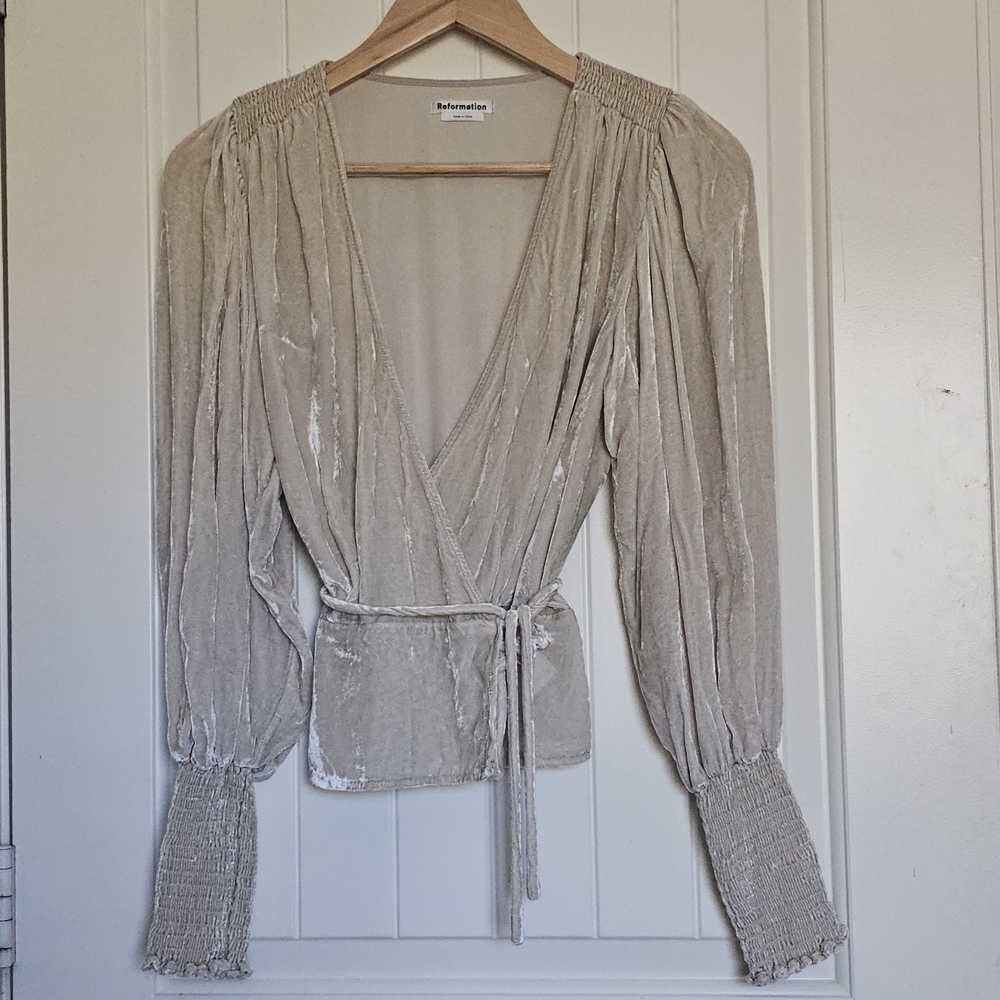 Reformation Velvet Wrap Tie Blouse Champagne Beige Long Sleeve Size S